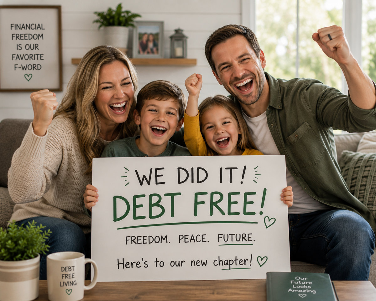 A family celebrating together holding a sign that reads We did it, debt free