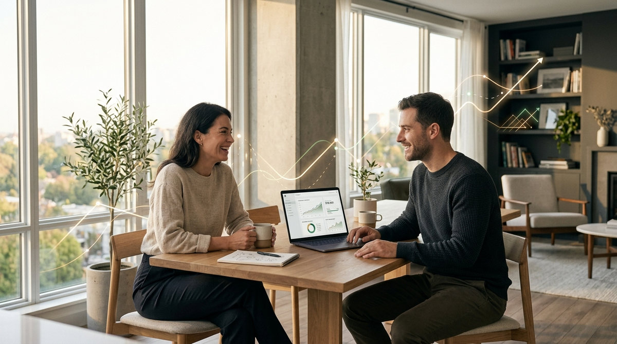A couple reviewing their debt payoff plan together on a laptop at home