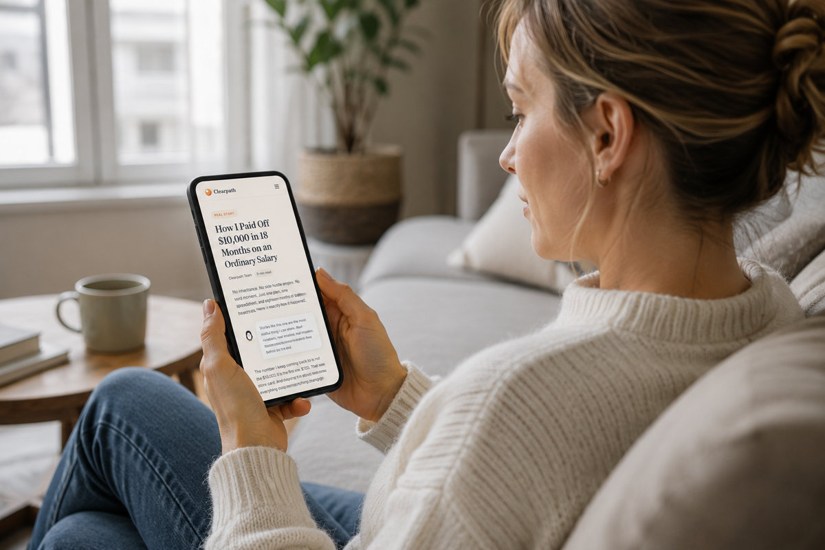 A woman reading a Clearpath debt guide on her phone while sitting comfortably on a sofa