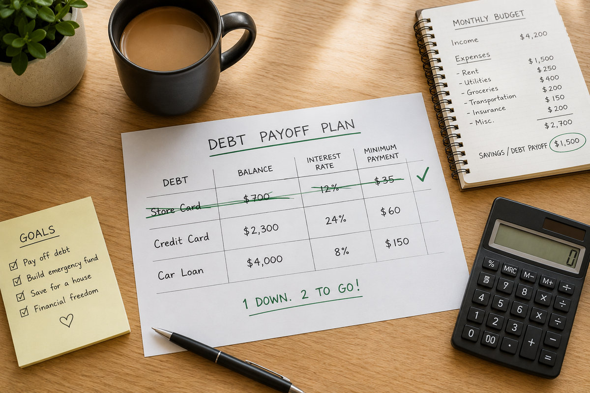 A handwritten debt payoff plan on a desk showing the order of debts from smallest to largest with the first one crossed off