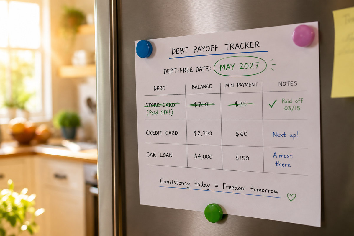 A debt payoff tracker pinned to a fridge with all four debts checked off and a debt-free date written at the top