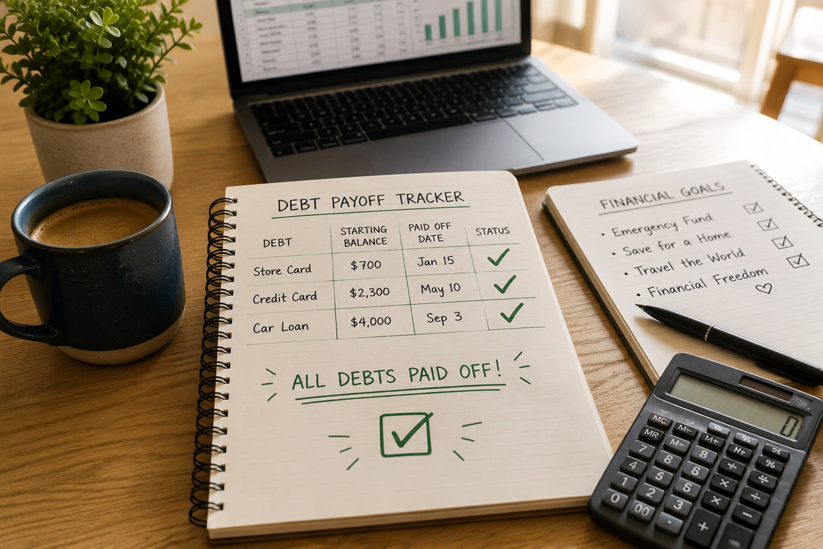 A person at a kitchen table reviewing their finances with a laptop and financial papers spread out in front of them