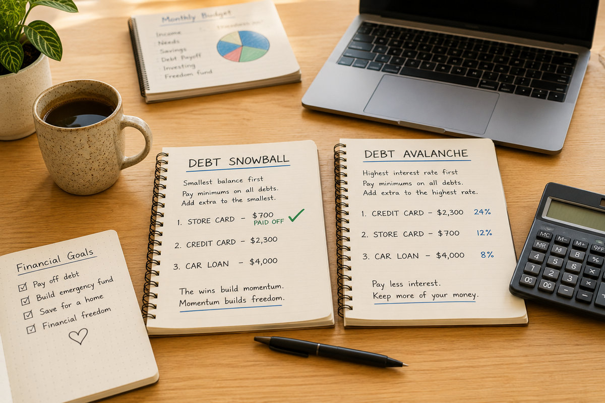 Two notebooks side by side showing the debt snowball and debt avalanche methods written out with example debts