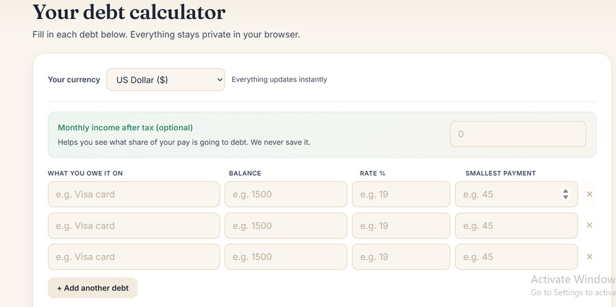 The Clearpath debt calculator showing currency selector, income field, and debt input rows with placeholder text